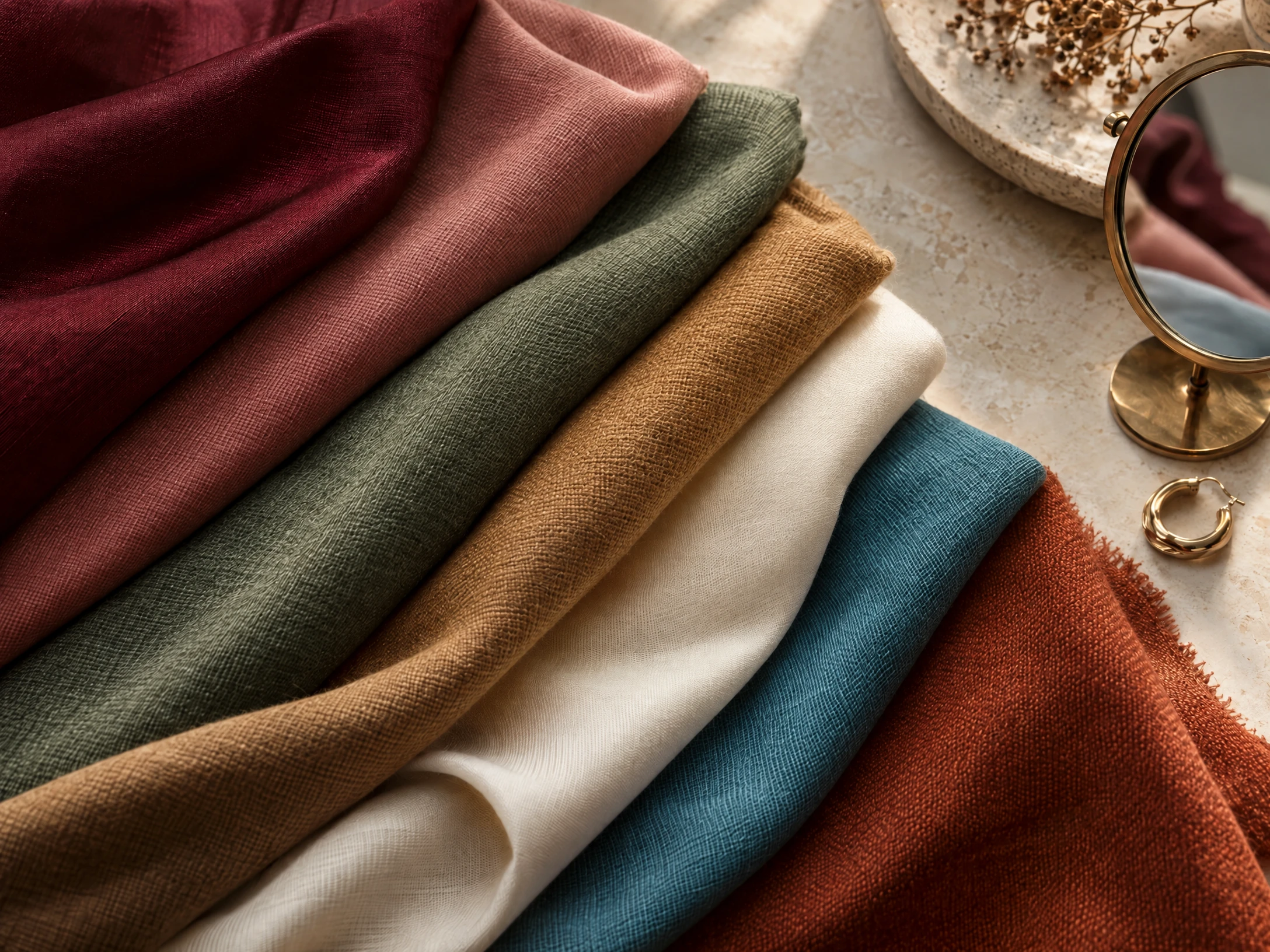 Drapés de colorimétrie en bordeaux, crème, rose poudré, sauge, miel, bleu canard doux et terracotta