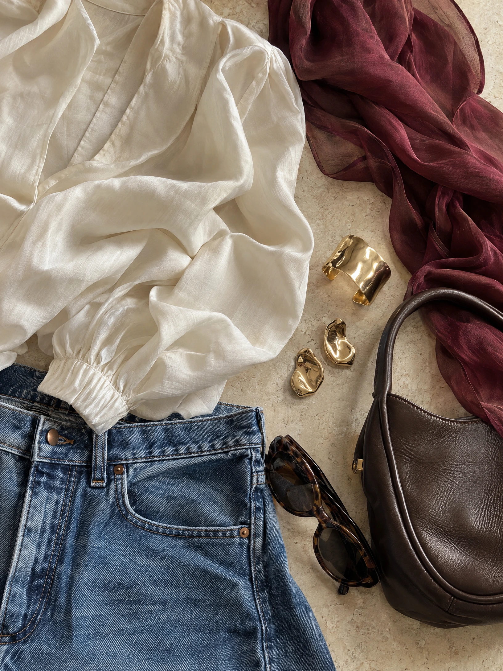 Gros plan d’une tenue à plat avec une blouse ivoire fluide, un jean bleu partiellement visible, un foulard bordeaux et des accessoires dorés de caractère