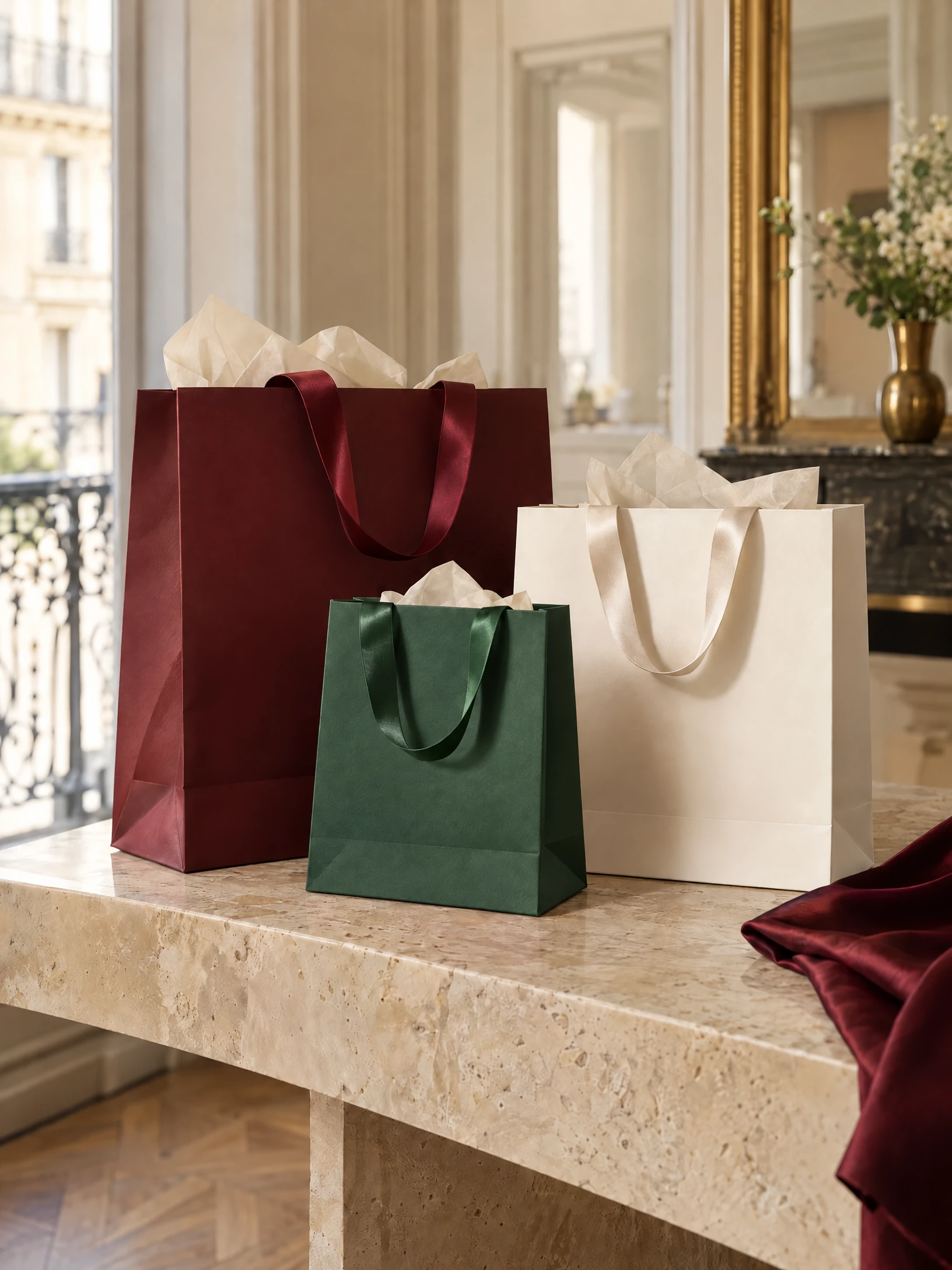 Des sacs de shopping élégants bordeaux et crème, avec un sac vert forêt, dans une boutique chaleureuse
