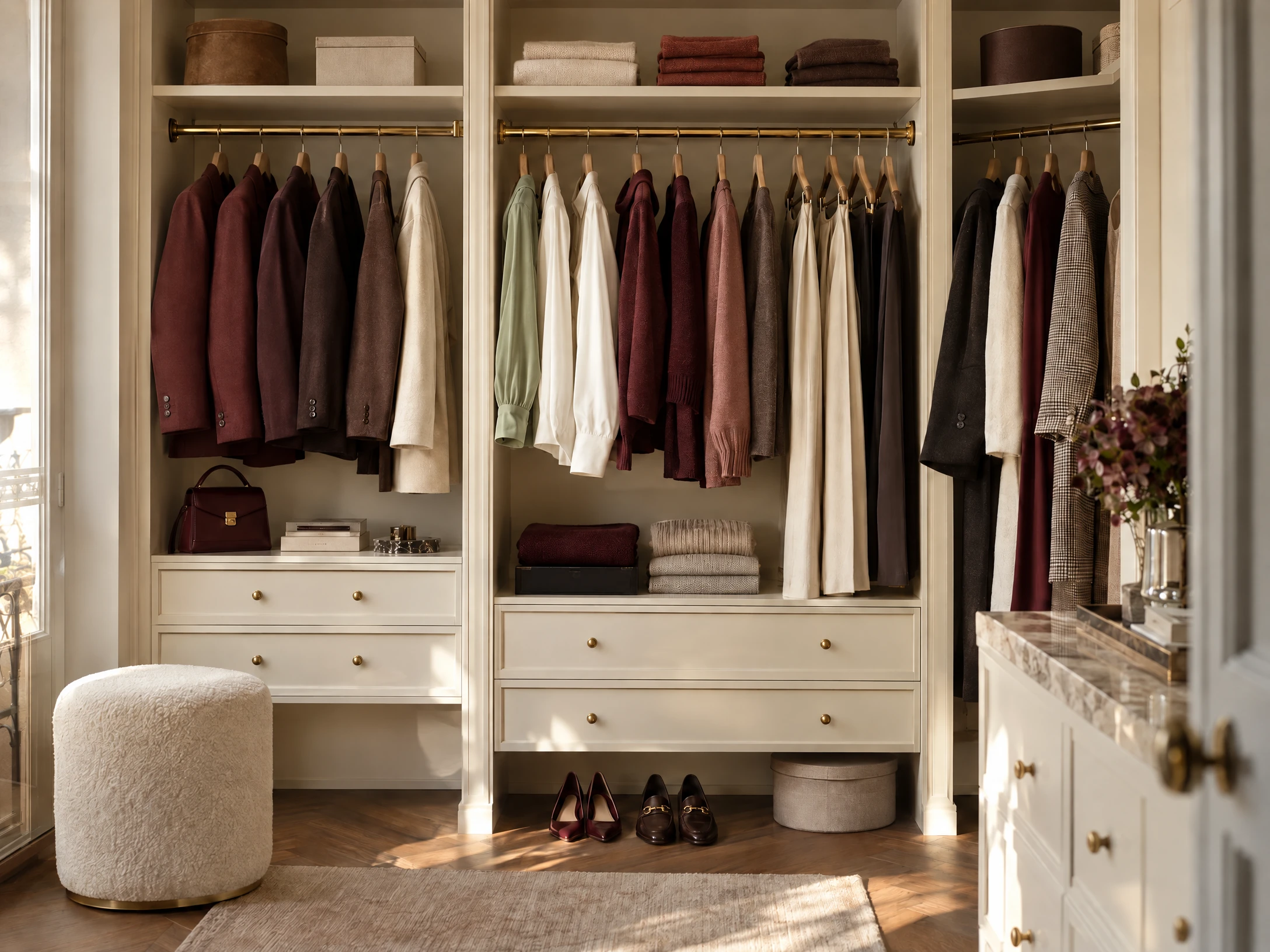 Un dressing crème élégant, avec des vêtements bordeaux et ivoire et de discrètes touches de sauge, de rose poudré et de terracotta